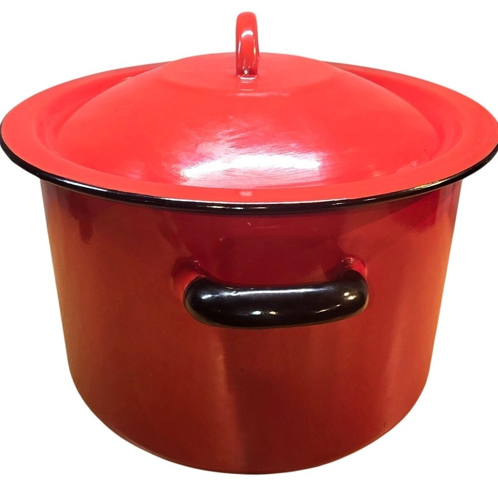 Vintage Enamelware Made in Poland Large Red 7"x10" Stockpot with Lid RARE Cook‎